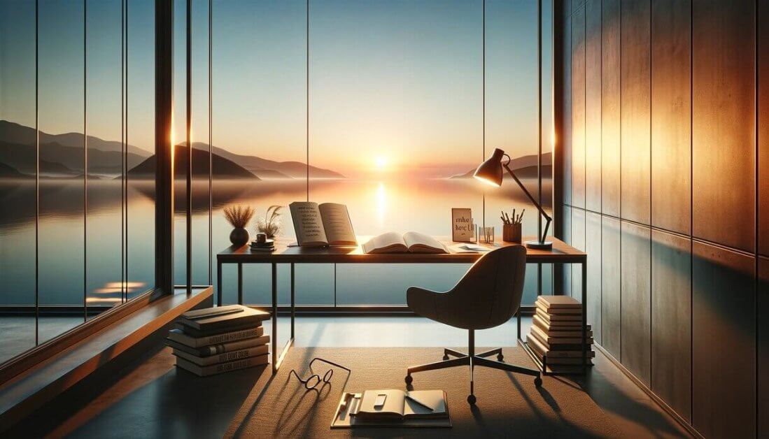 DALL·E 2024 03 08 06.41.52 Visualize a serene and uplifting workspace designed for reflection and motivation. The scene features a modern minimalist desk set against a large wi 2